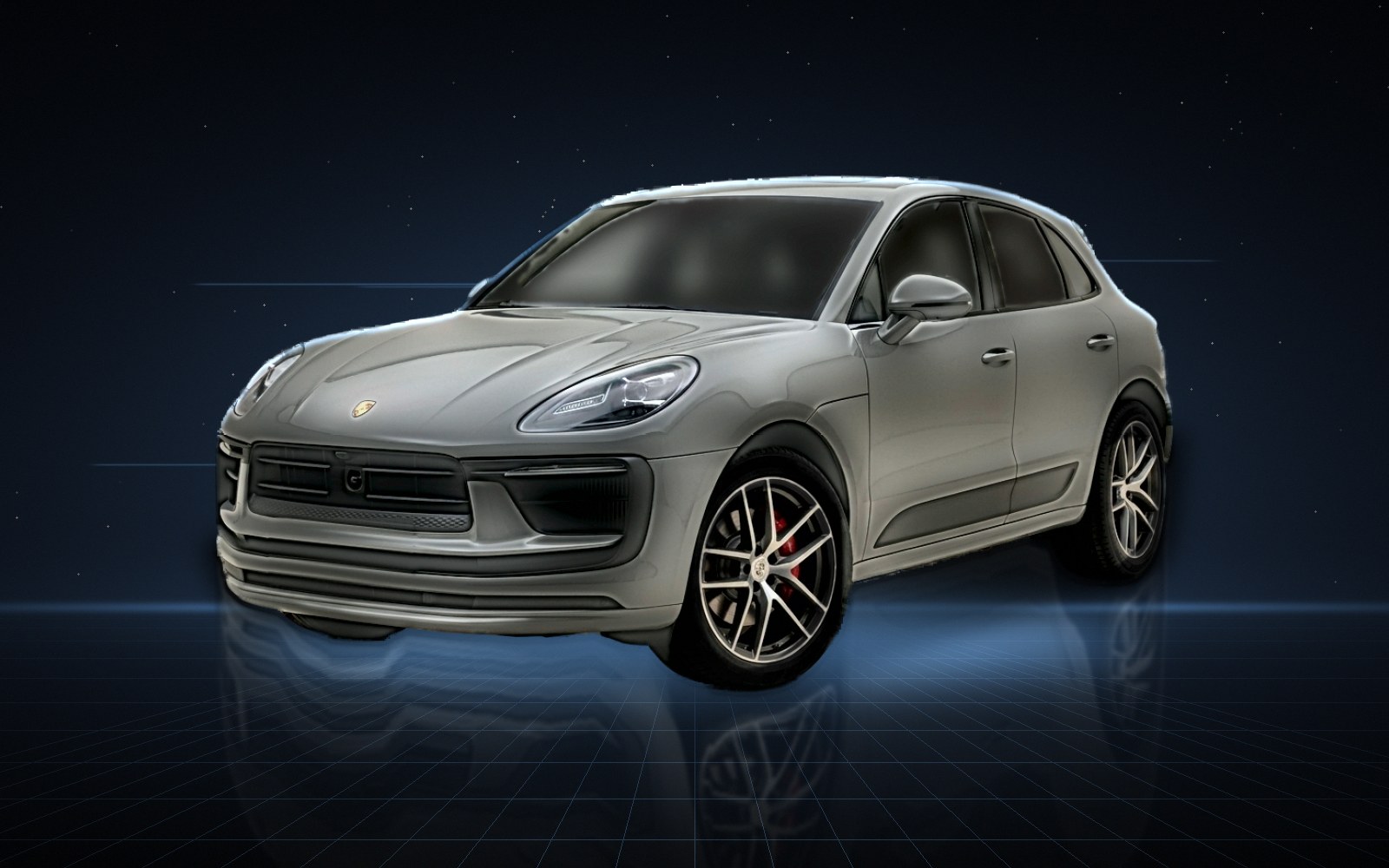 Grauer Porsche Macan, Ansicht schräg von vorn